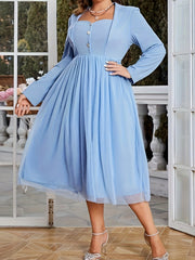 Wedding Dress Contrast Mesh Long Sleeve Midi Bridesmaid Dress