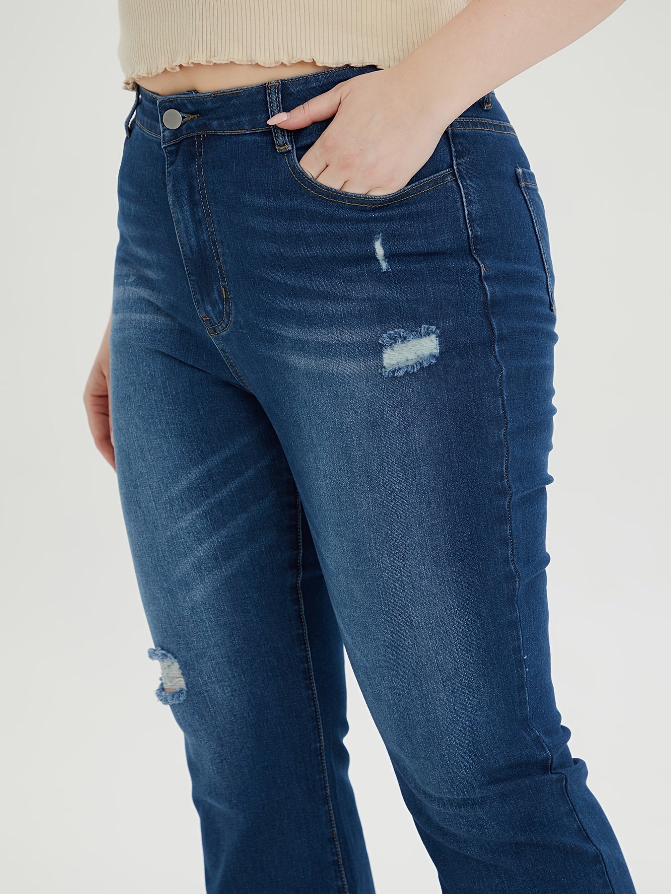 Plus Size Ripped Button Fly Flared Leg Jeans