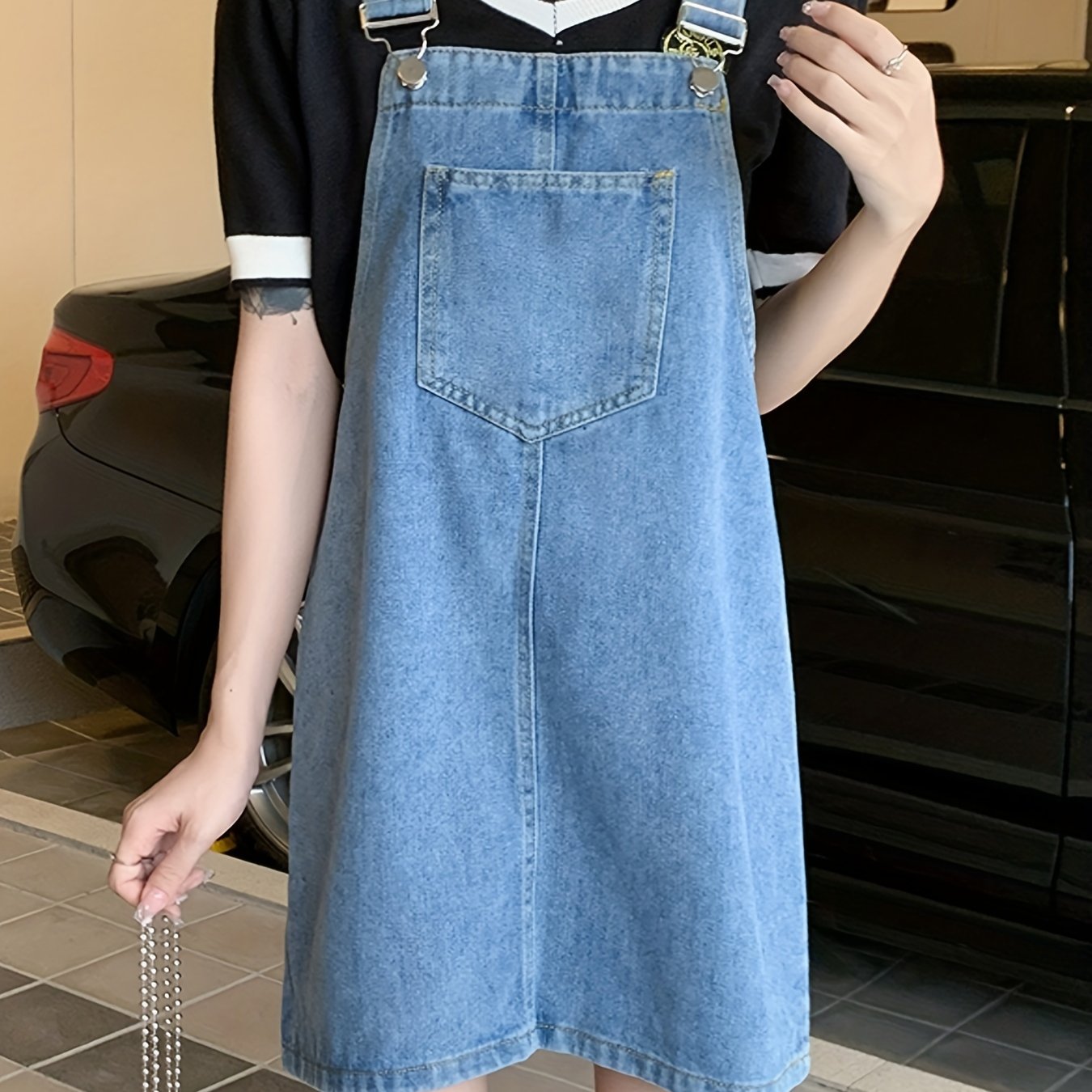 Patch Pockets Denim Skirtall Casual Denim Dress