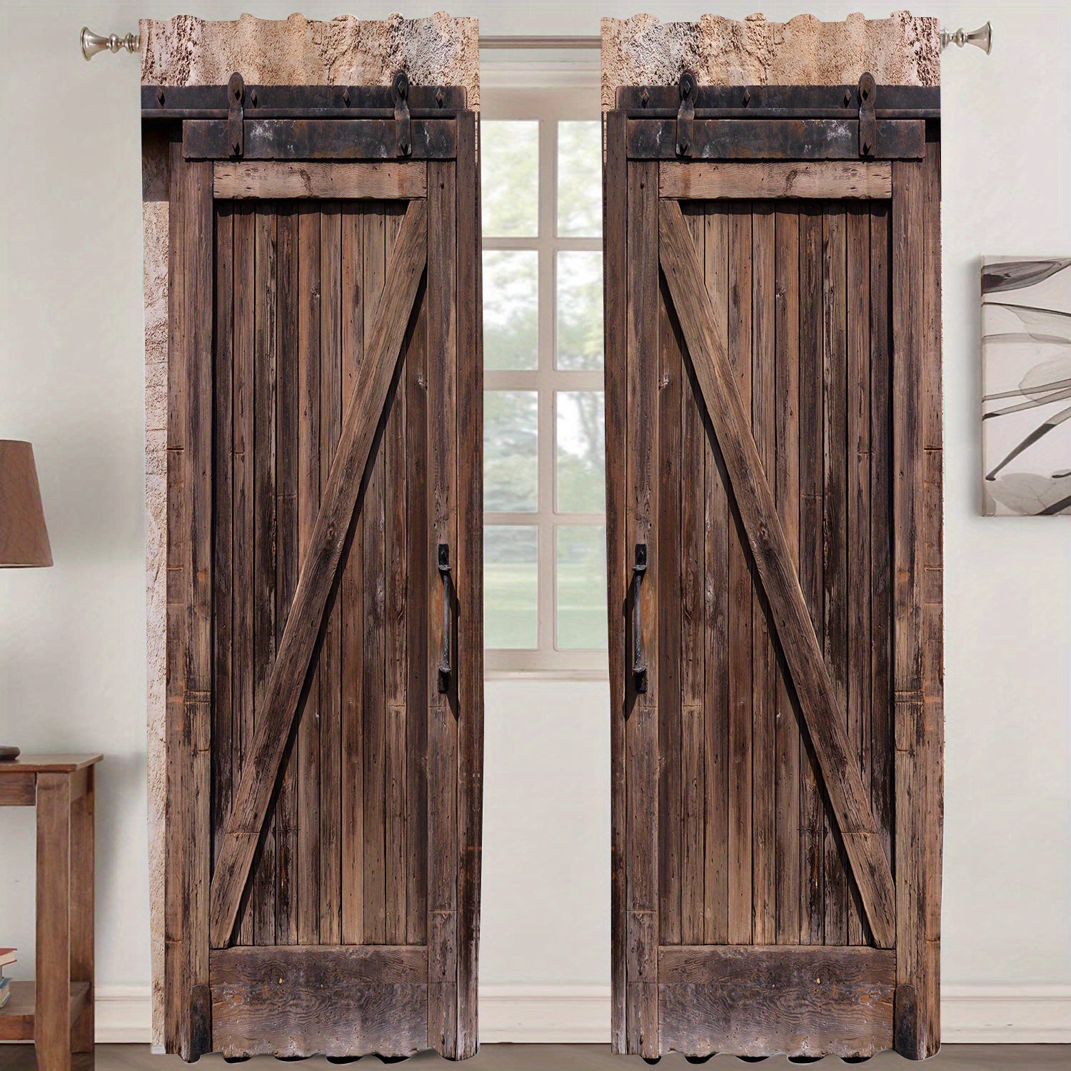 2pcs Vintage Wooden Door Printed Window Curtains - Rod Pocket Style