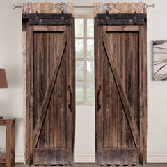 2pcs Vintage Wooden Door Printed Window Curtains - Rod Pocket Style