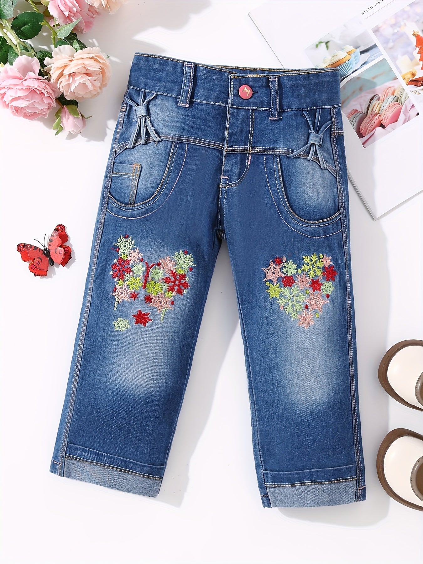 Girls' Floral Butterfly Embroidered Denim Capris