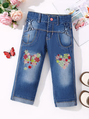 Girls' Floral Butterfly Embroidered Denim Capris