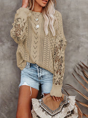 Lace Eyelet Knit Sweater Crew Neck Long Sleeve Women's Clothing