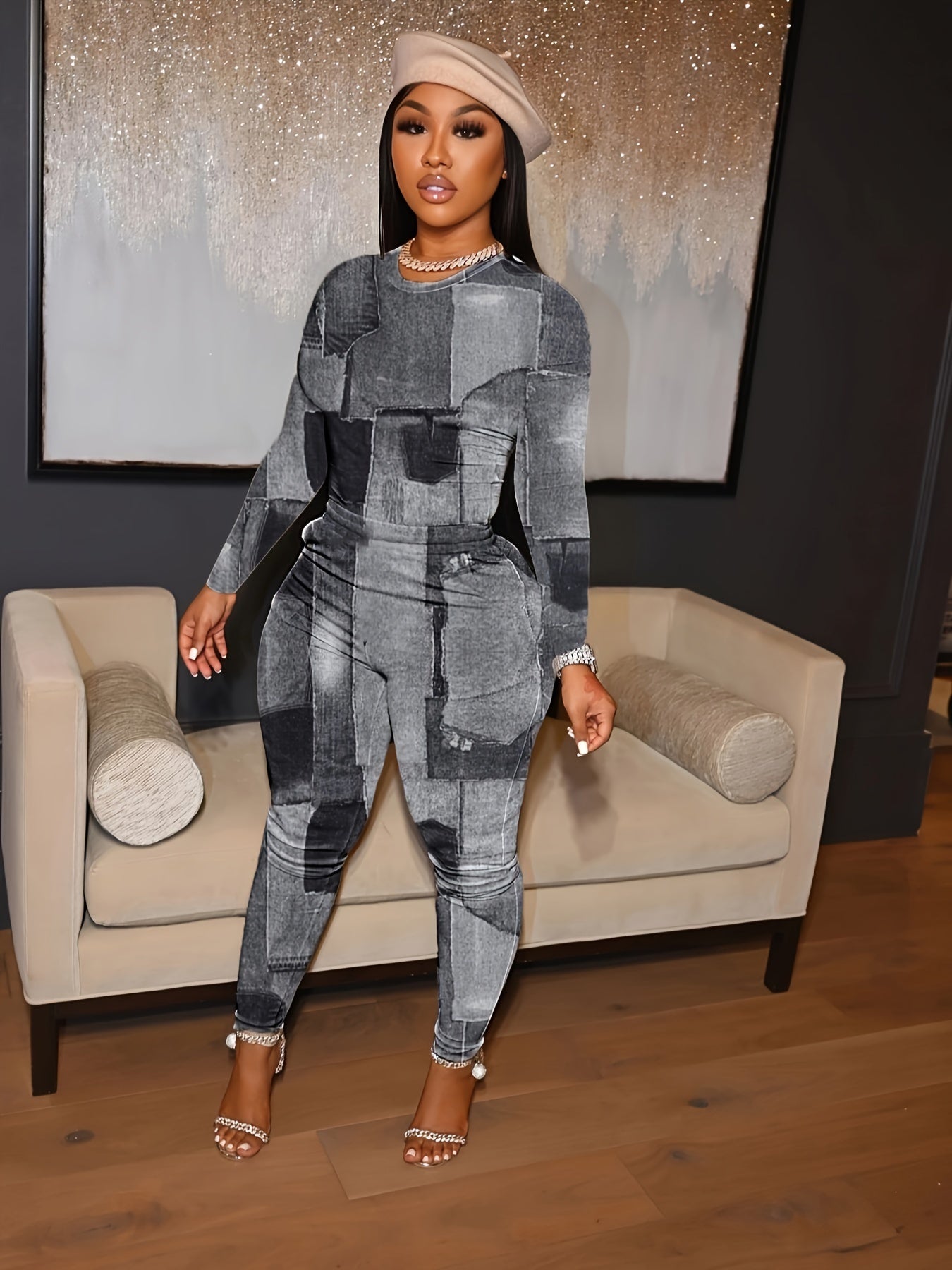 Plus Denim Print Long Sleeve Tee & Leggings Set