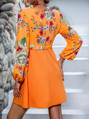 Floral Print Surplice Neck Dress Lantern Sleeve Dress