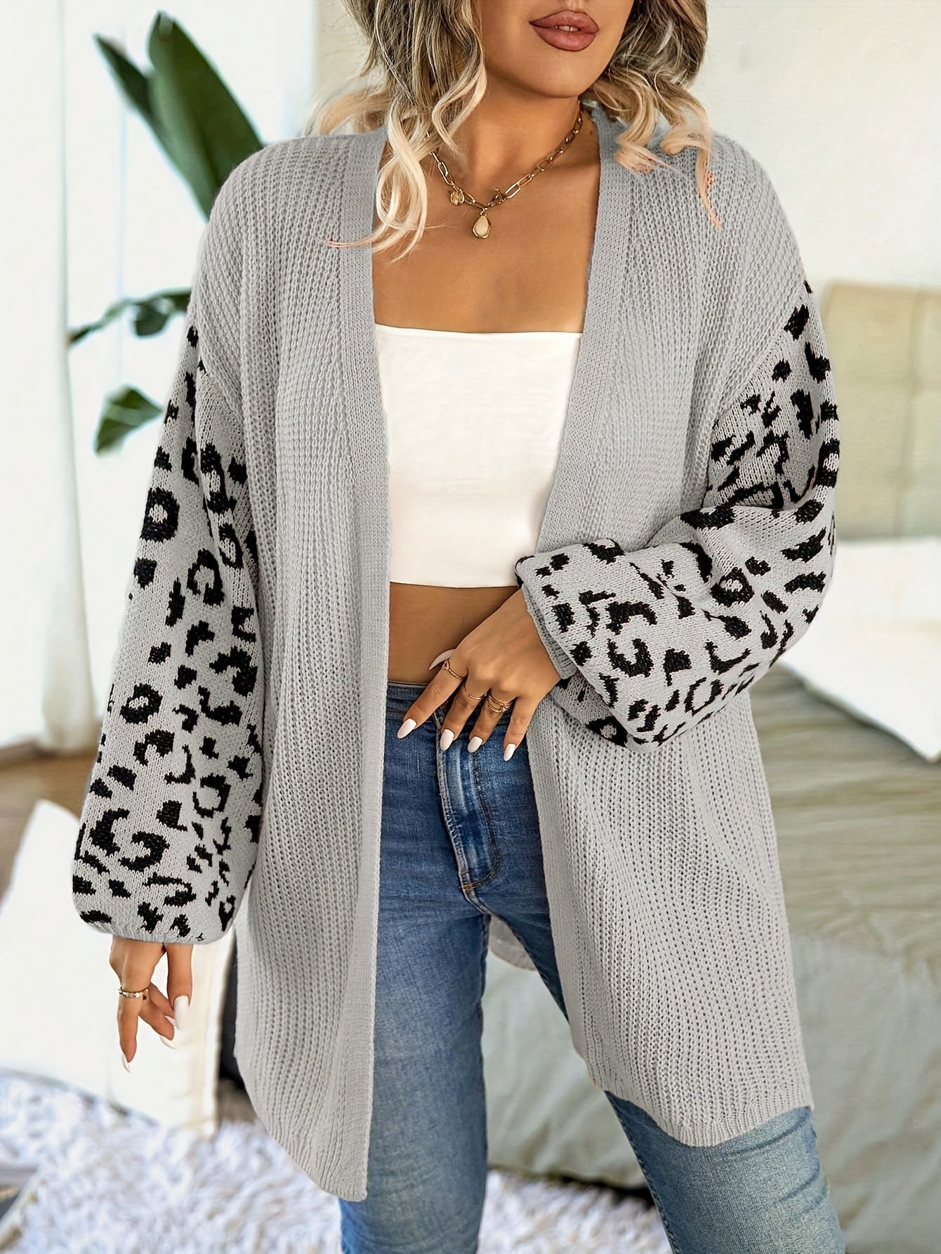 Leopard Print Lantern Sleeve Open Front Cardigan