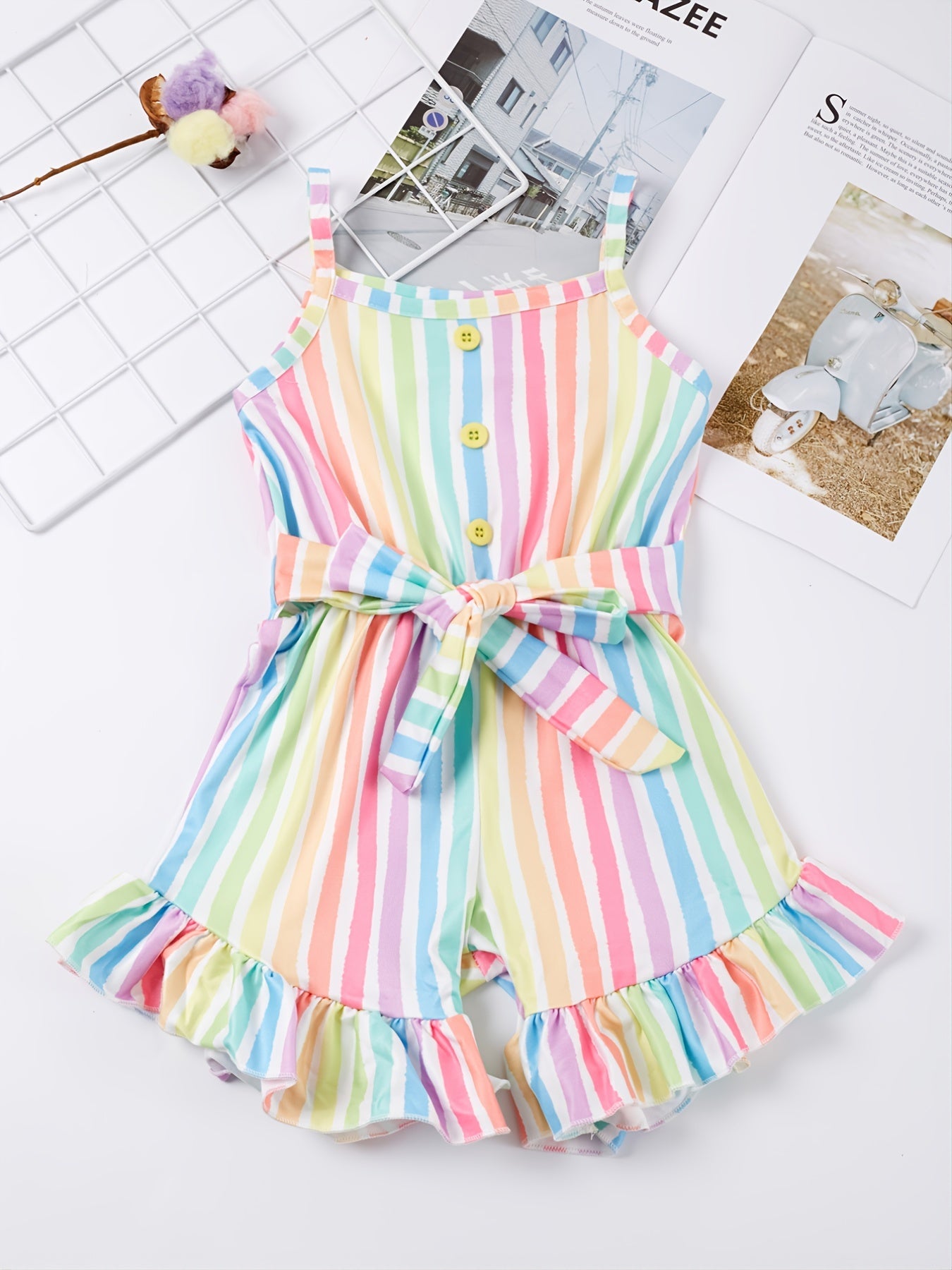 Baby Girls Colorful Striped Jumpsuit High Waist Ruffles Cami Romper