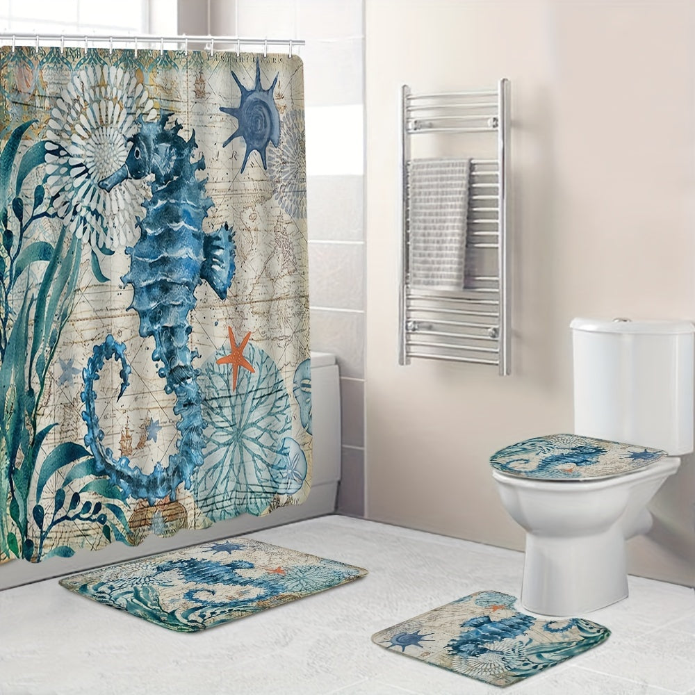Seahorse Shower Curtain Set with Bathroom Rug and Hooks