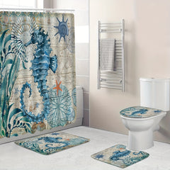 Seahorse Shower Curtain Set with Bathroom Rug and Hooks