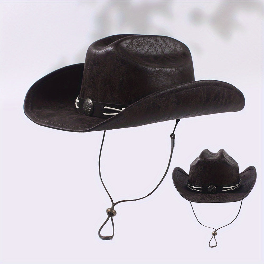 Vintage PU Leather Cowboy Hat Western Fedora Cap