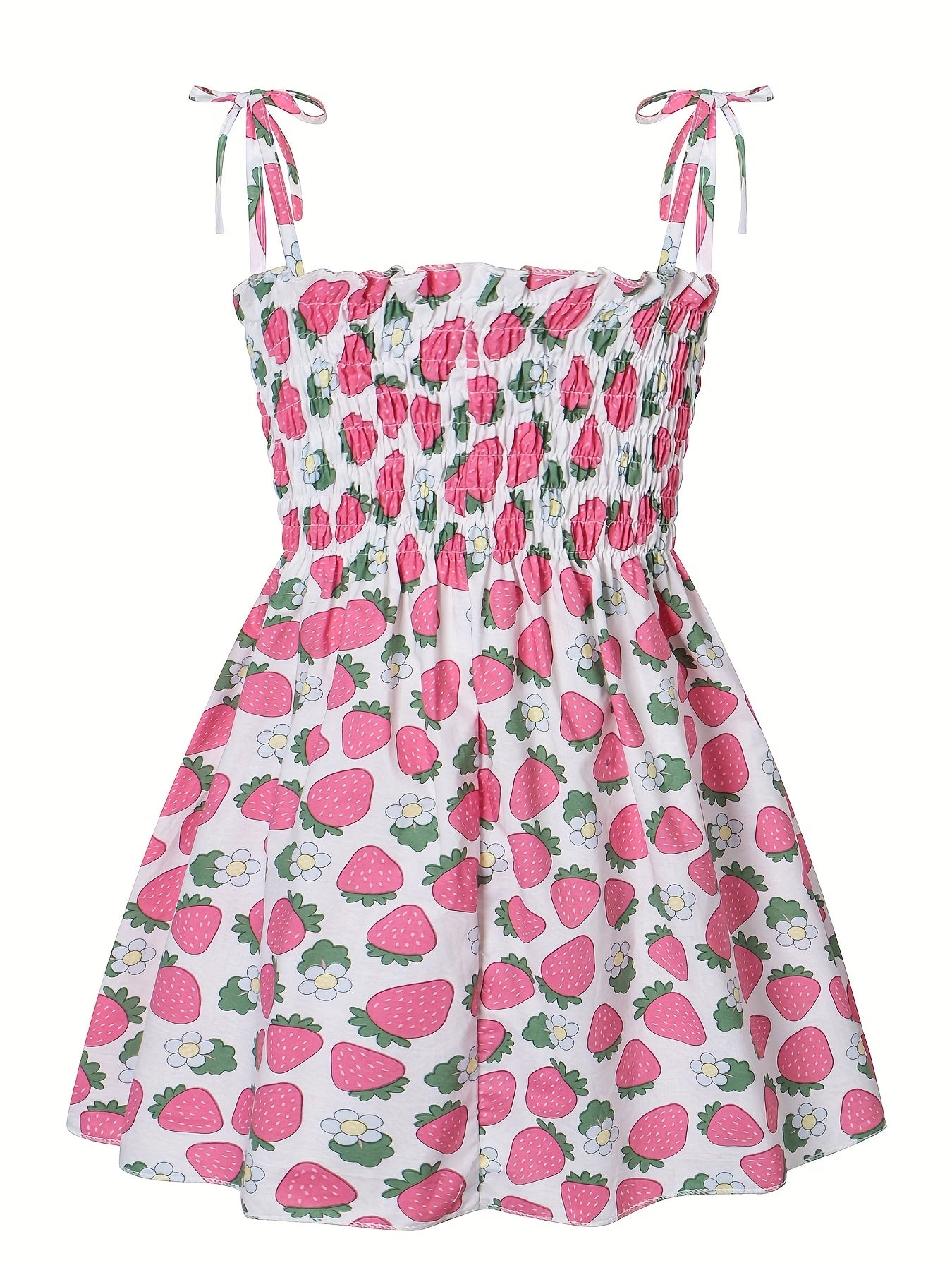Toddler Girls Strawberry Fruit Graphic Frill Trim Shirred Bow Shoulder Princess