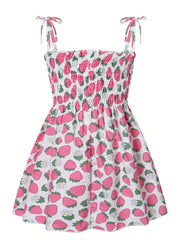 Toddler Girls Strawberry Fruit Graphic Frill Trim Shirred Bow Shoulder Princess