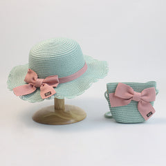 2pcs Girls Straw Hat & Coin Purse Wide Brim UV Protection Kids Accessories