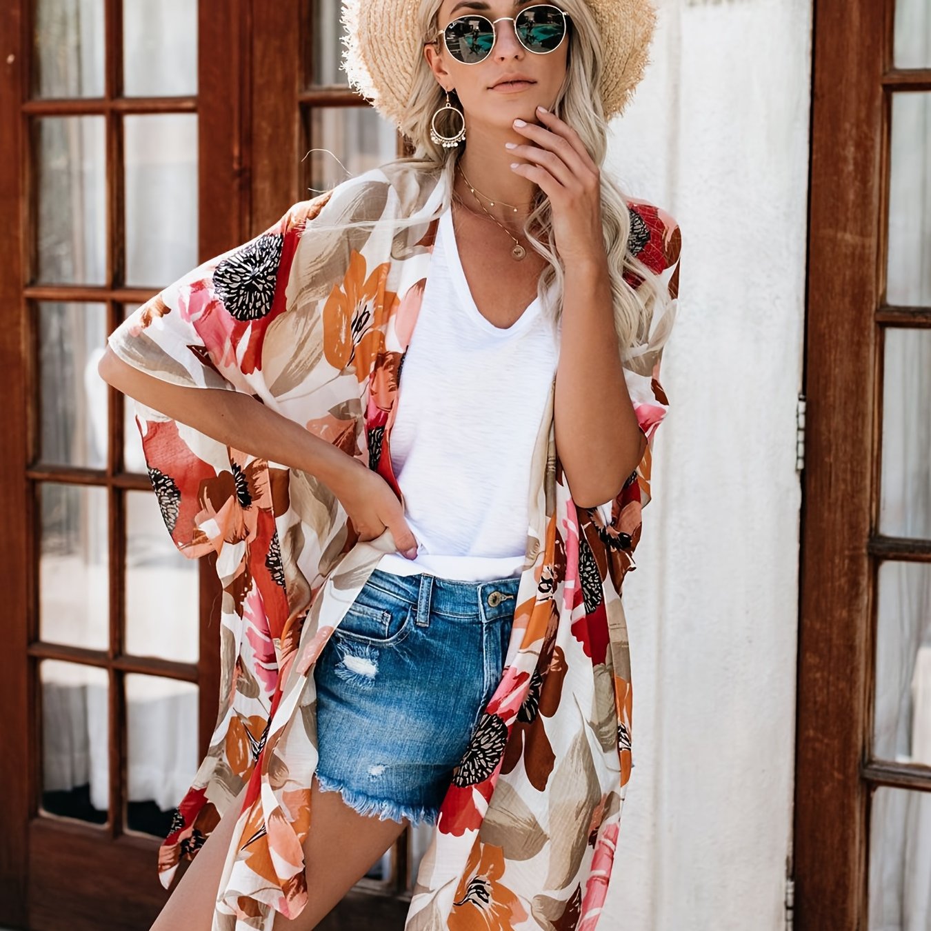 Floral Print V Neck Chiffon Blouse Casual Beachwear Cover Up