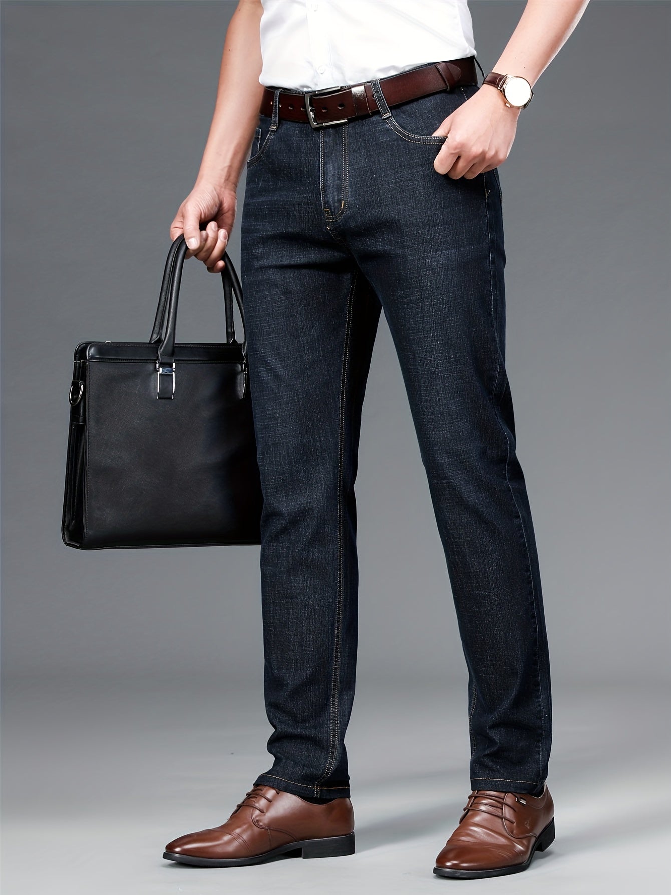 Classic Slim Fit Jeans Men's Semi-formal Medium Stretch Straight Leg Denim Pants