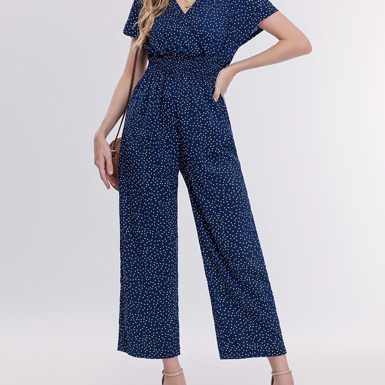 Polka Dot V Neck Jumpsuit Short Sleeve Casual Summer Women's Clothing