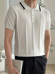 Knit Short Sleeve Polo V-Neck Button-Up Casual Top Men's Tee
