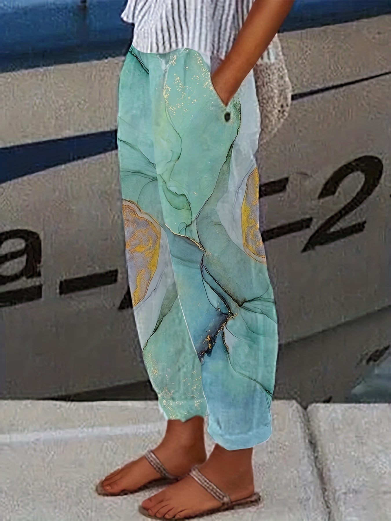 Graphic Print Dual Pockets Loose Pants Casual Comfy Pants