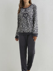 Leopard Print Pajamas Set Long Sleeve Crew Neck Top & Pants