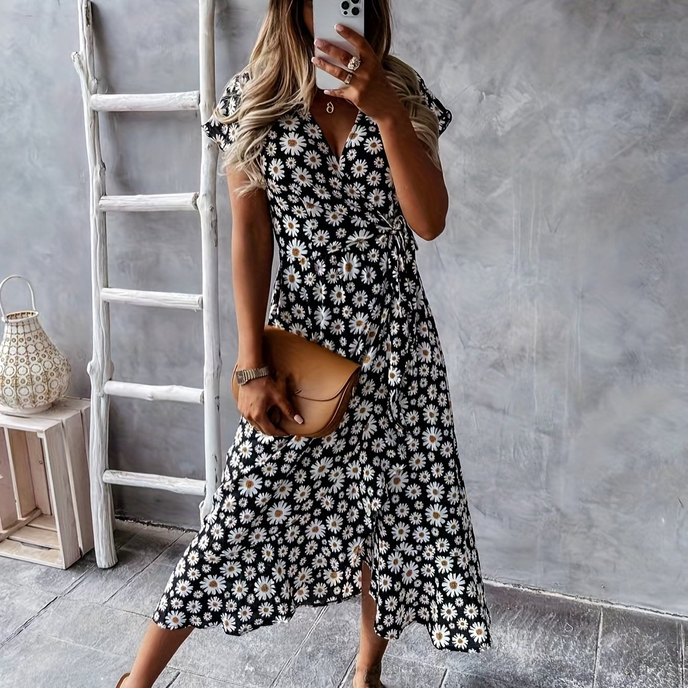 Floral Wrap Belted Dress V Neck Short Sleeve Women's Clothing