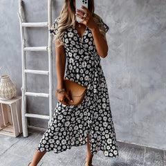 Floral Wrap Belted Dress V Neck Short Sleeve Women's Clothing