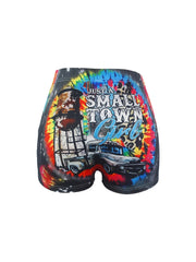 Graphic & Letter Print Skinny Shorts Sexy Elastic Waist Shorts
