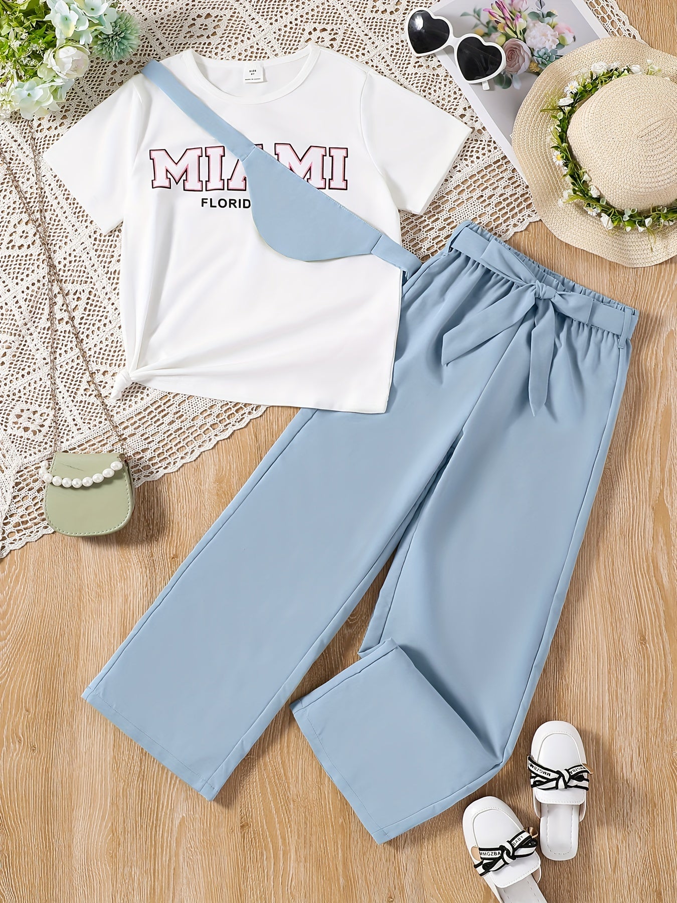 Girl's Letter T Shirt Set With Pants & Bag