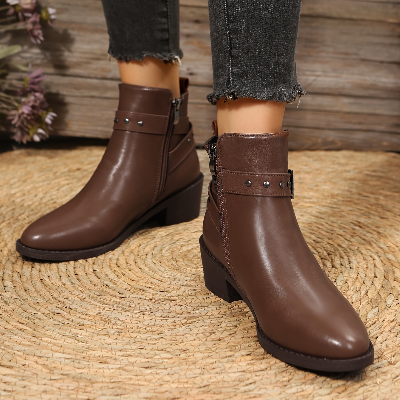 Women's Chunky Heel Ankle Boots Dark Brown Metal Buckle Short Boots