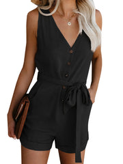 Bow Tie Jumpsuit V Neck Sleeveless Short Length Women's Clothing