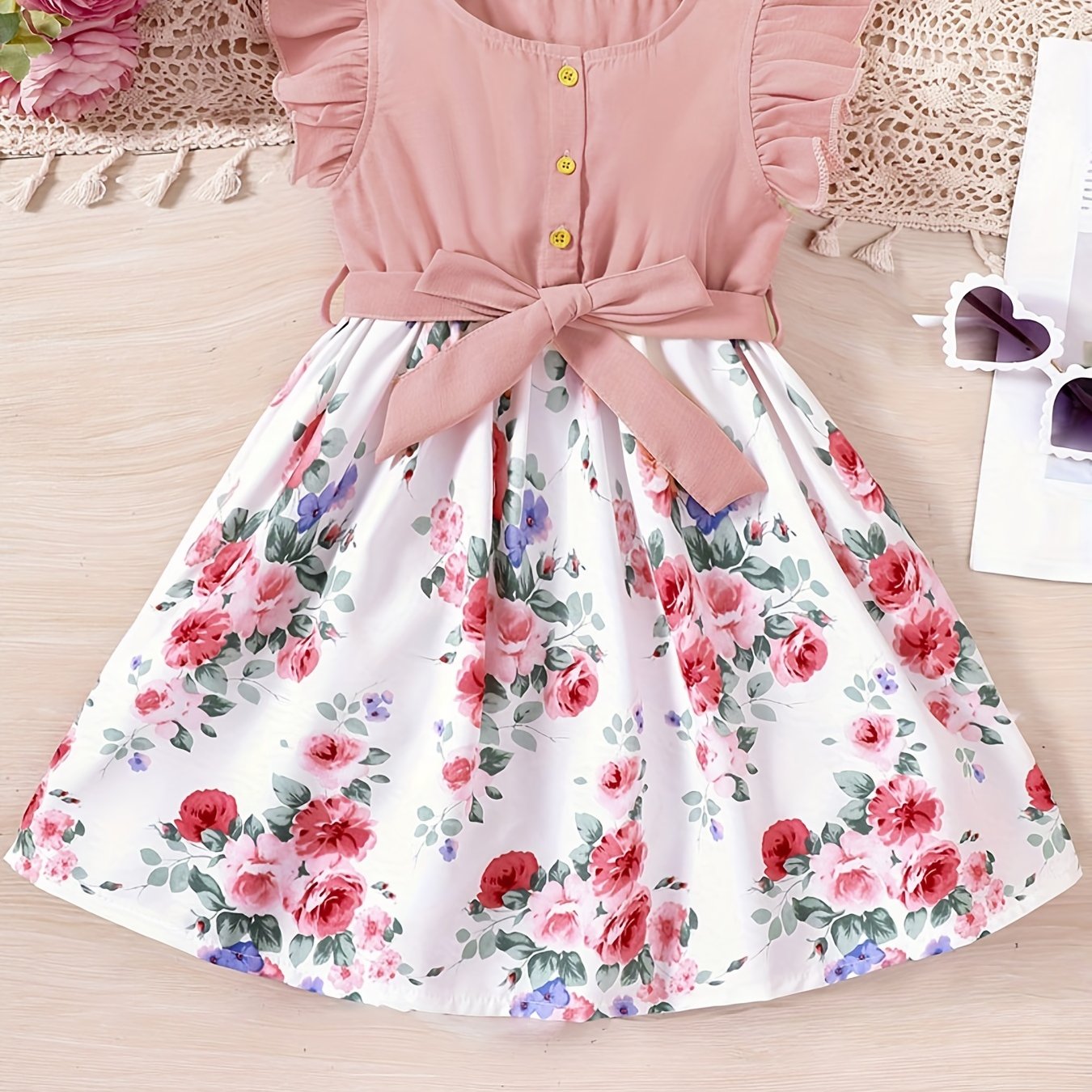 Toddler Girls Ruffle Trim Flowers Button Spliced Belted Princess Dress