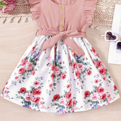 Toddler Girls Ruffle Trim Flowers Button Spliced Belted Princess Dress