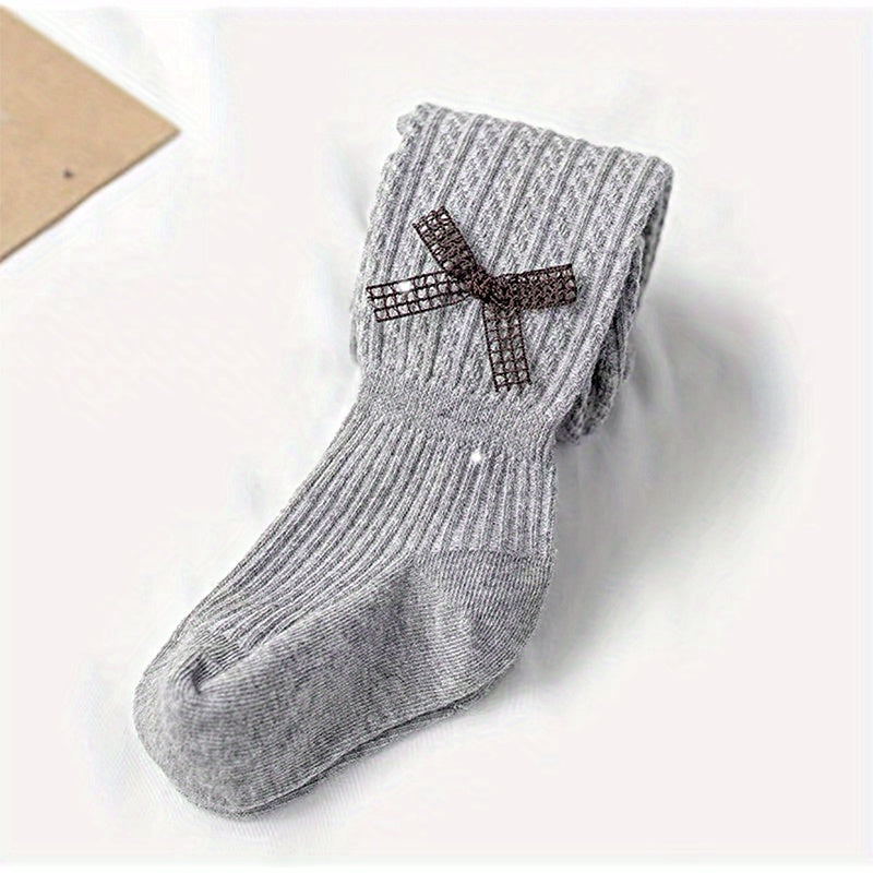 Girls Gray Mesh Bow Decor Knitted Tights