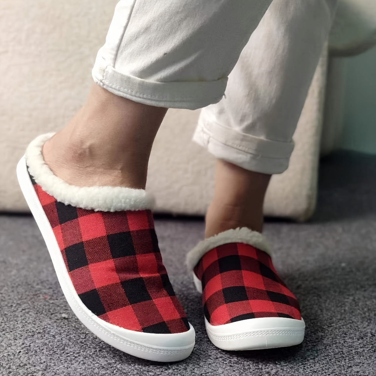 Women's Red Plaid Winter Slip-On Sneakers Lightweight Comfortable Flat Shoes