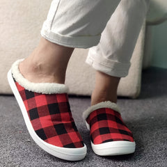 Women's Red Plaid Winter Slip-On Sneakers Lightweight Comfortable Flat Shoes