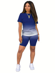 Casual Gradient Two-piece Set Crew Neck Short Sleeve T Shirt & Elastic Waist Sho