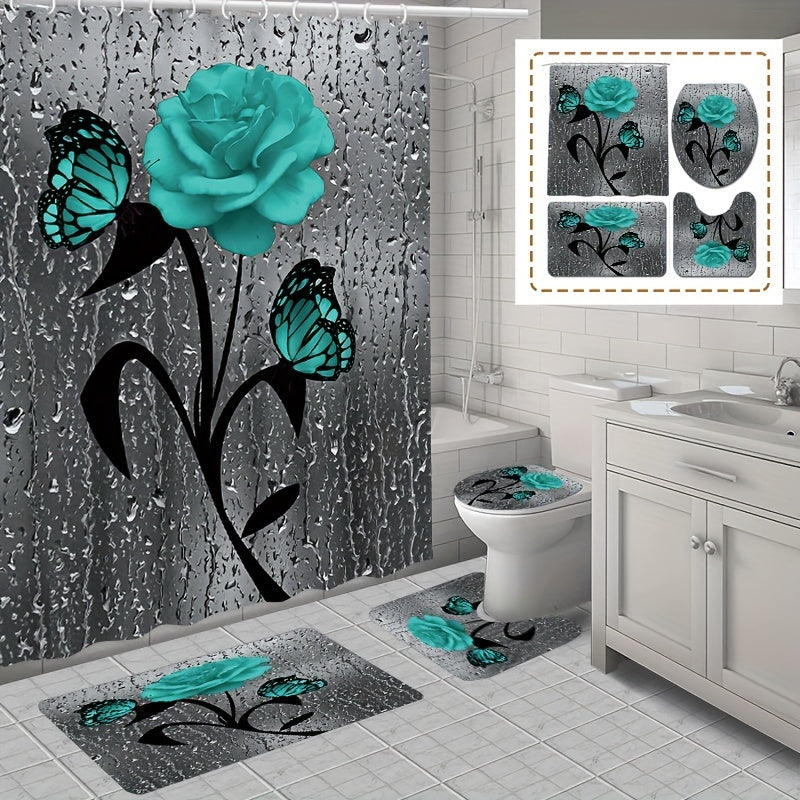 Teal Rose Shower Curtain and Bathroom Mat Set