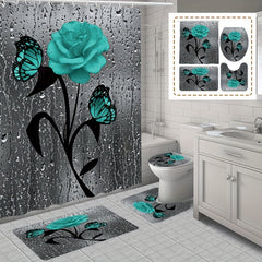 Teal Rose Shower Curtain and Bathroom Mat Set