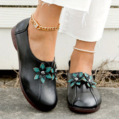 Women's Flower Decor Flat Shoes Retro Round Toe Slip On Shoes Faux Leather Flats