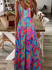 Abstract Print Spaghetti Dress V neck Cami Dress Women's Clothing