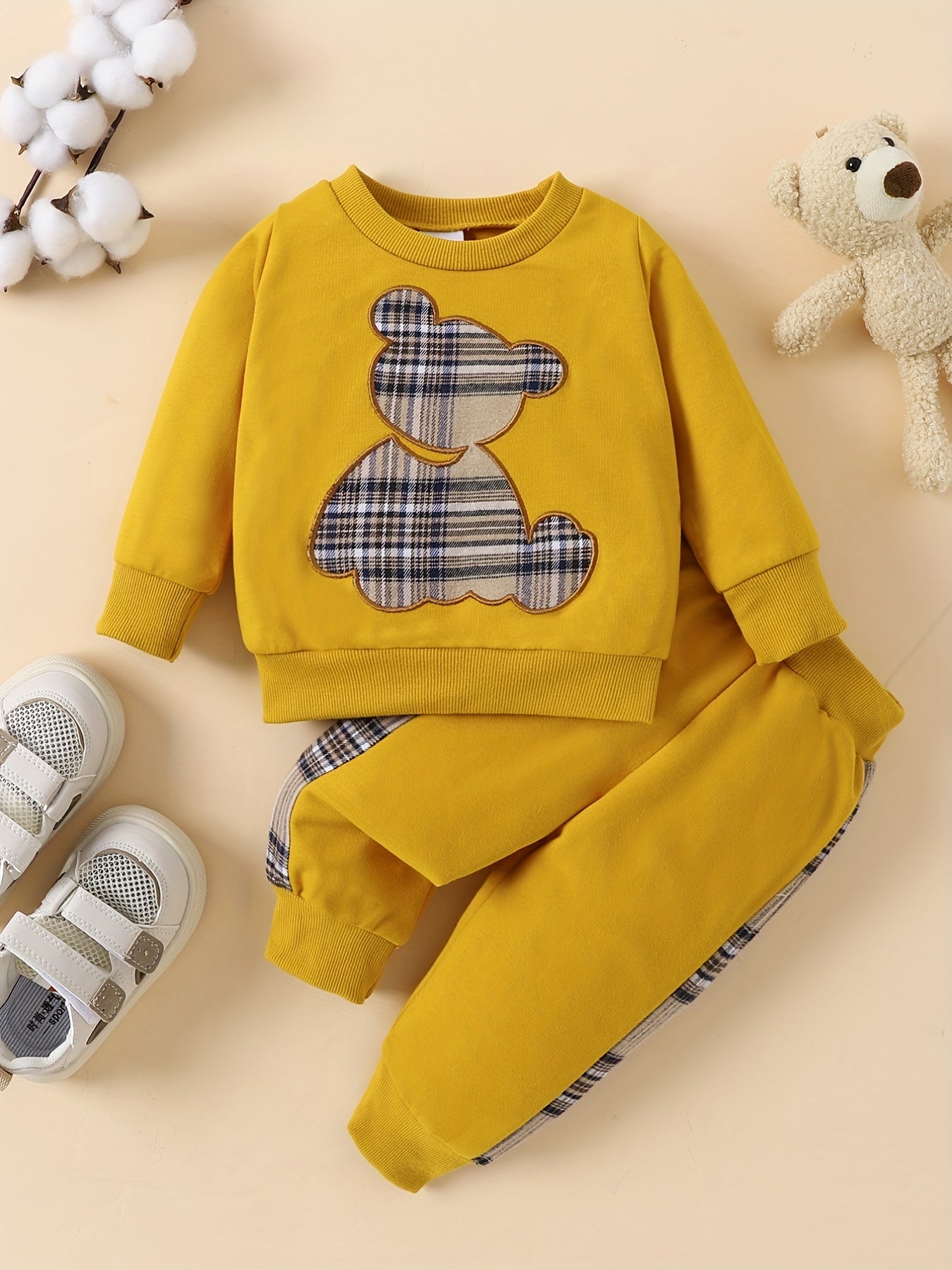 Baby Plaid Bear Embroidery Set Sweatshirt Tops Pants