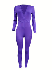 Long Sleeve Slim Jumpsuit V Neck Casual Jumpsuit Women's Clothing