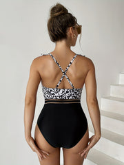 Leopard Print One Piece Swimsuit V Neck Ruffle Contrast Mesh Bathing Suit
