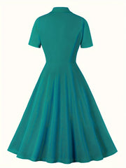 Retro Dress Women's Plus Solid Double Breast Button Short Sleeve