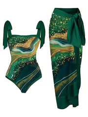 Green Striped Two Pieces Swimsuit with Cover Up Shirt
