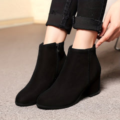 Women's Suede Short Boots Block Heel Round Toe Side Zipper Shoes