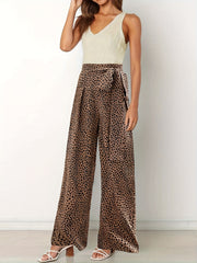 Leopard Print Wide Leg Pants with Bow Pleats