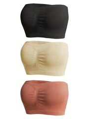 3pcs Strapless Bandeau Bras Soft Solid Stretch Bra Women's Lingerie