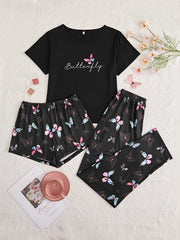 Butterfly Print Pajamas Set Short Sleeve Top & Shorts/Pants Women's Sleepwear