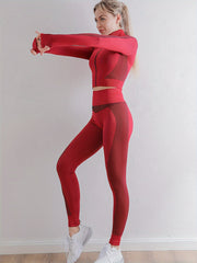 Yoga Workout Set Long Sleeve Zip Sports Top & Butt Lifting Leggings